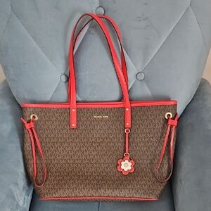 Michael Kors Brown Tote with Red Accents